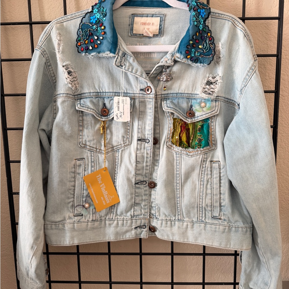 Light distressed denim jacket design - peacock embroidered back 1-of-a-kind!